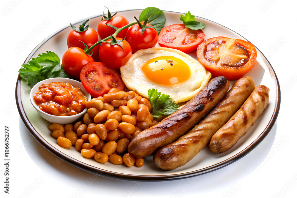 English breakfast with fried eggs, sausages, beans and tomatoes. English breakfast with fried eggs, sausages, beans and tomatoes.