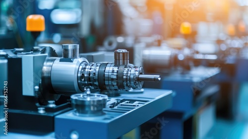 Close-Up of CNC Machine in Modern Industrial Factory with Blurred Background and Soft Warm Lighting