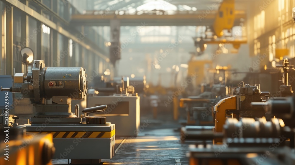 Close-Up of CNC Machine in Modern Industrial Factory with Blurred Background and Soft Warm Lighting Close-Up of CNC Machine in Modern Industrial Factory with Blurred Background and Soft Warm Lighting