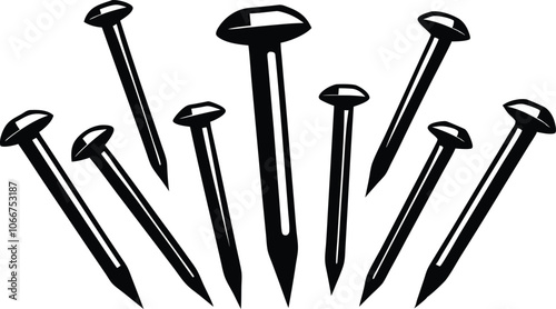 Set of Black Metal Nail Heads, Round and Flat, Isolated on White Background - Construction Hardware.