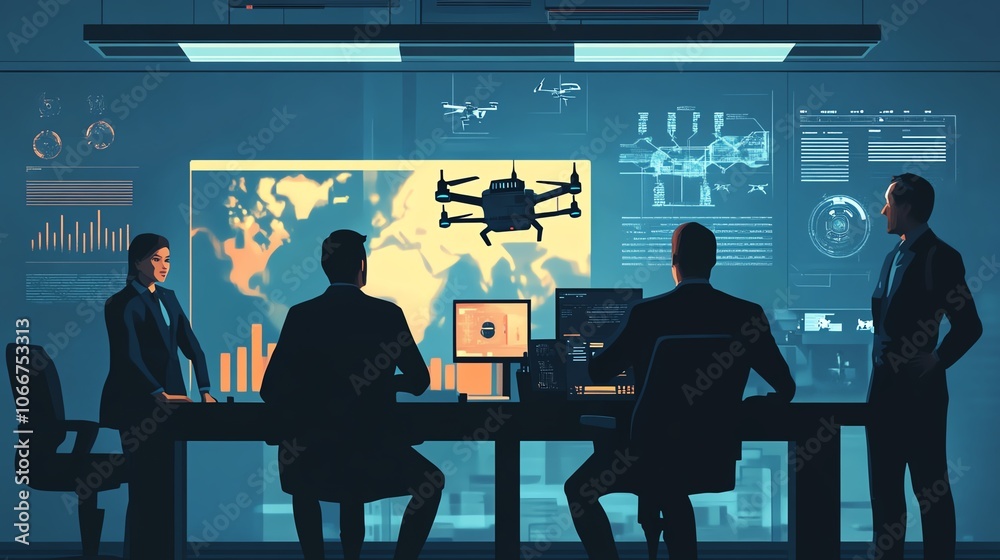 Futuristic team brainstorming, AI elements, and drones, flat design illustration Futuristic team brainstorming, AI elements, and drones, flat design illustration