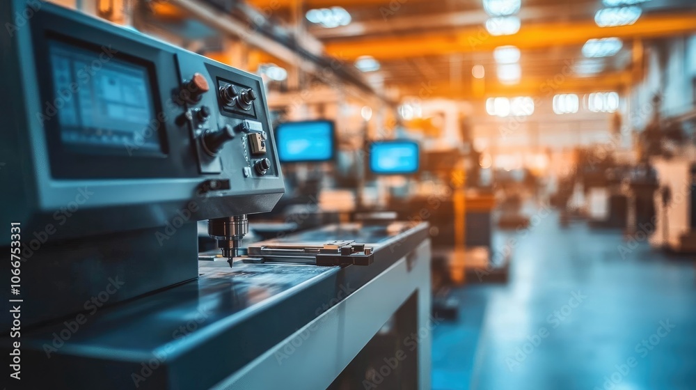 Fototapeta premium Close-Up of CNC Machine in Modern Industrial Factory with Blurred Background and Soft Warm Lighting