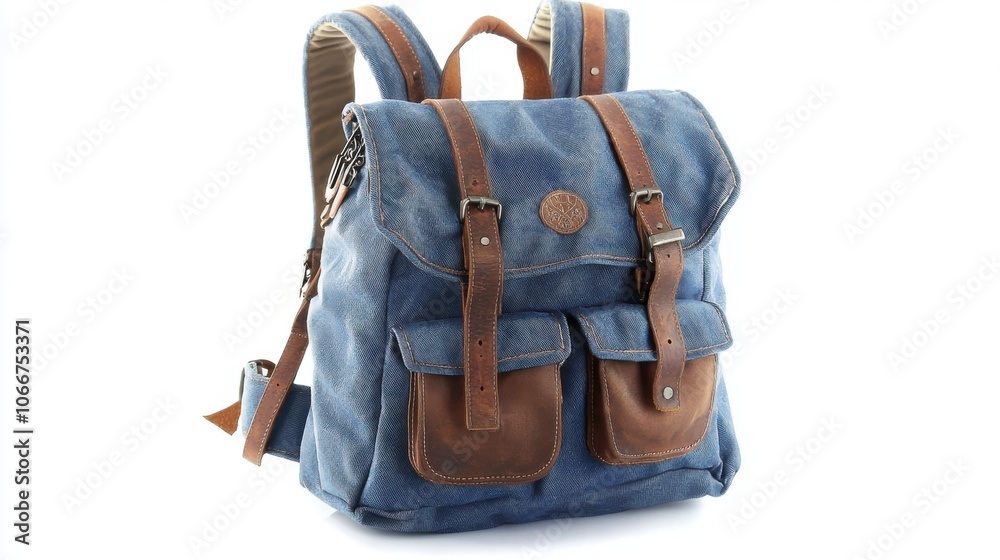 A stylish blue backpack with leather accents, designed for practical use and everyday carry. A stylish blue backpack with leather accents, designed for practical use and everyday carry.