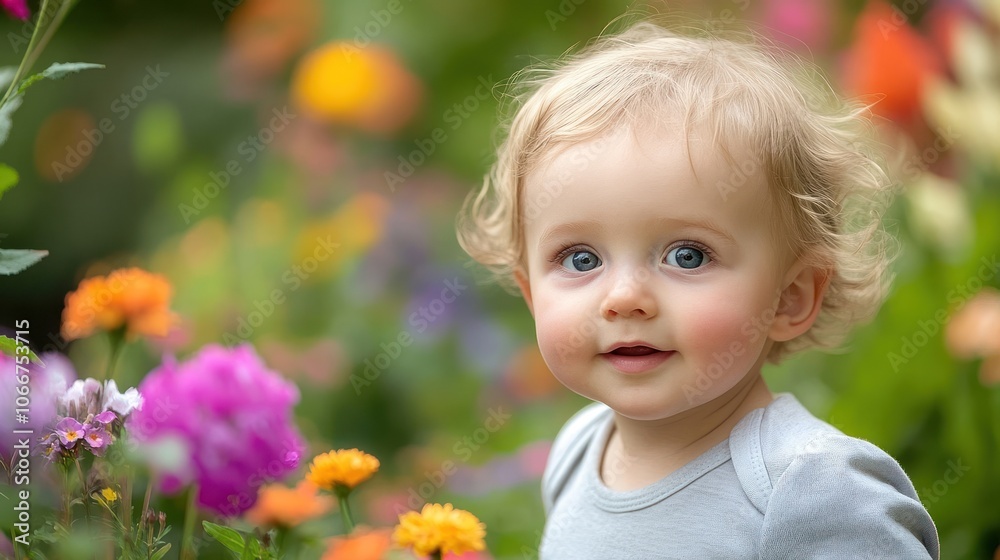 Portrait of a Baby with Blonde Hair and Blue Eyes in a Garden Portrait of a Baby with Blonde Hair and Blue Eyes in a Garden