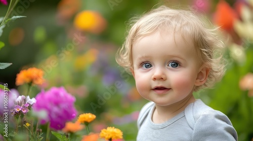 Portrait of a Baby with Blonde Hair and Blue Eyes in a Garden