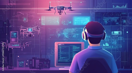 AI coding assistant for drone solutions, human coder in focus, flat design illustration photo