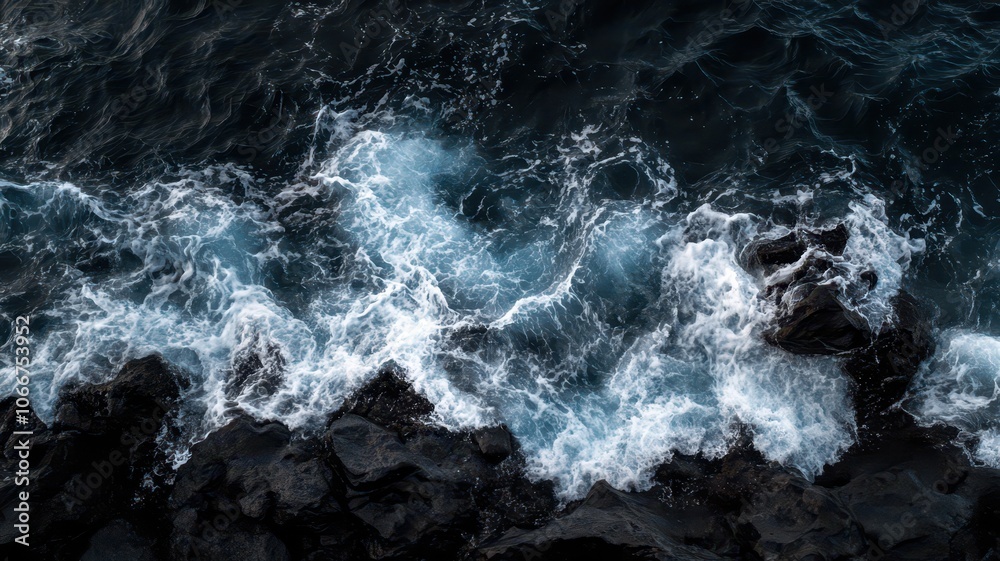 Obraz premium Stunning rocky coastline with waves crashing, showcasing the raw beauty of nature's power and serenity.