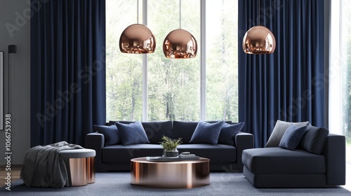 Modern living room interior with blue sofa, copper lamps and ottoman photo