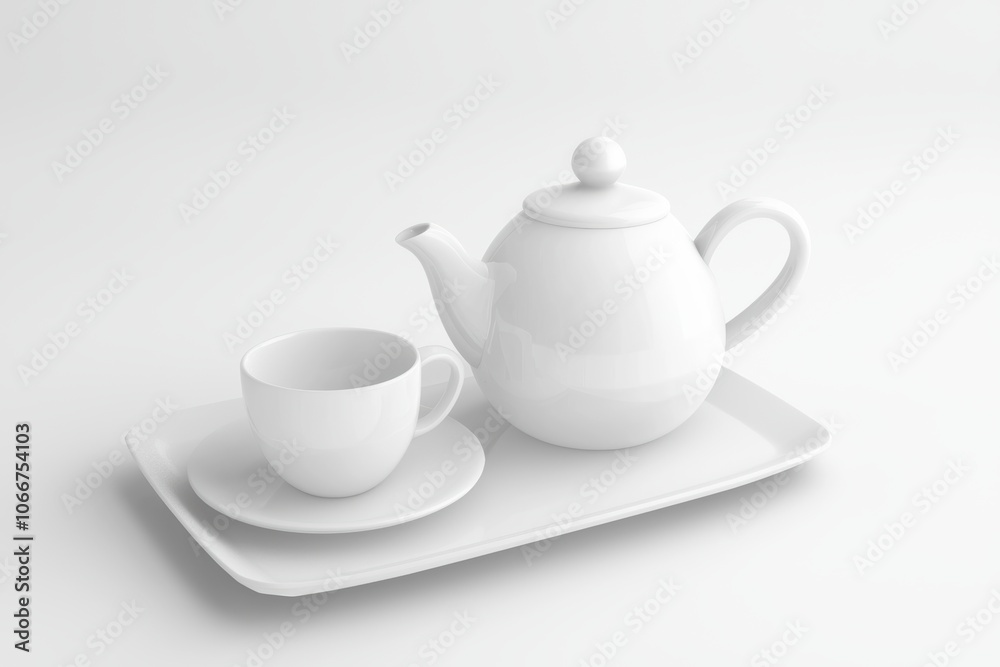 White ceramic teapot with matching cup on a tray 3D illustration, isolated on white background White ceramic teapot with matching cup on a tray 3D illustration, isolated on white background