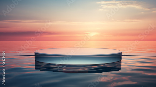 Round transparent glass Podium Display for product presentation, advertisement, mockup. Showcase on the background of the sunset and water waves.	
