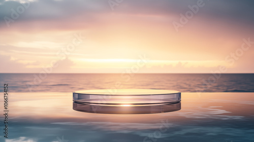 Round transparent glass Podium Display for product presentation, advertisement, mockup. Showcase on the background of the sunset and water waves.	
