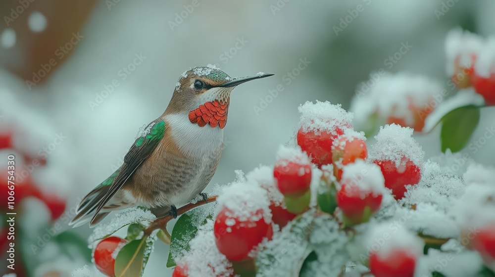 Naklejka premium A rare shot of a hummingbird perched on a frosty branch, surrounded by winter flowers dusted with snow.