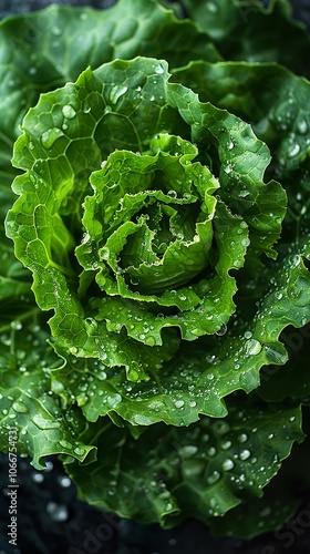 Fresh Green Lettuce with Dewdrops - A Close-Up Macro Photography