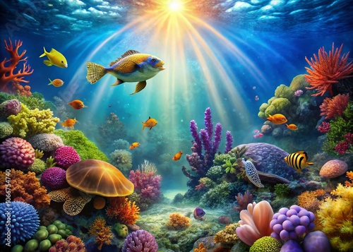 Vibrant Coral Reefs and Diverse Marine Life in a Colorful Underwater World, Featuring Tropical Fish, Sea Turtles, and Lush Aquatic Plants for Stunning Conceptual Photography