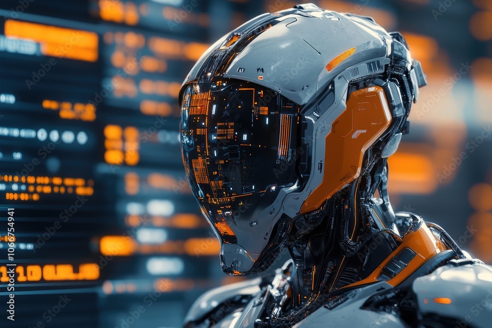 High-Tech 3D Cyberpunk Robot Close-Up with Digital Code and Data on Background Screen High-Tech 3D Cyberpunk Robot Close-Up with Digital Code and Data on Background Screen