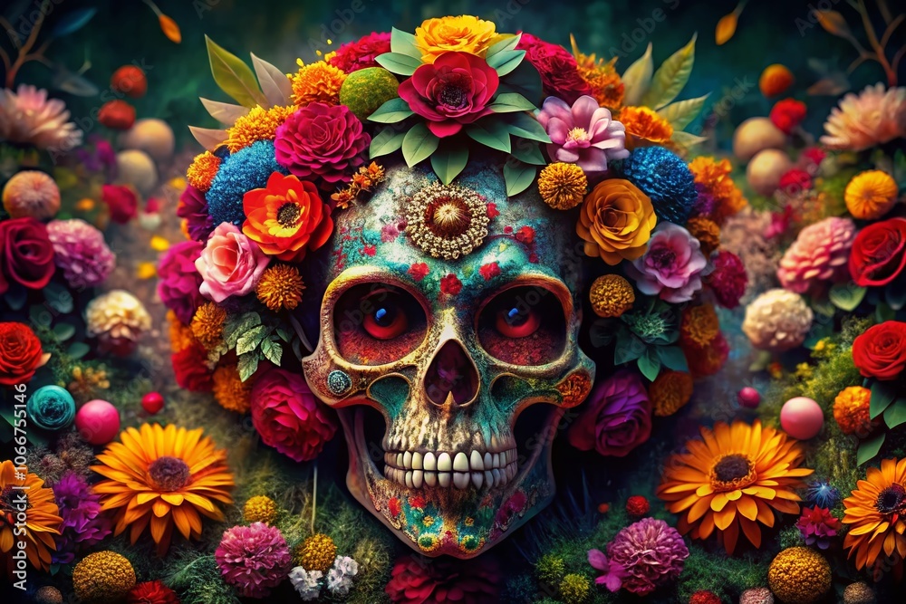 Fototapeta premium Vibrant Double Exposure of Day of the Dead Skull Adorned with Colorful Flowers