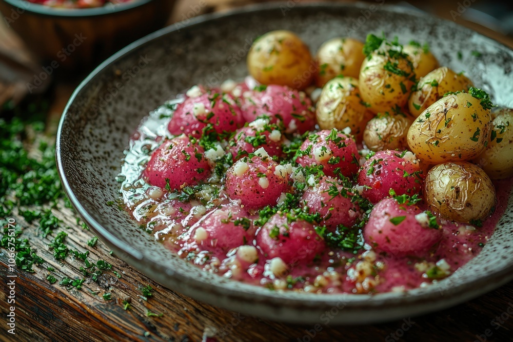 Pink and Yellow Potato Salad with Parsley and Garlic Pink and Yellow Potato Salad with Parsley and Garlic