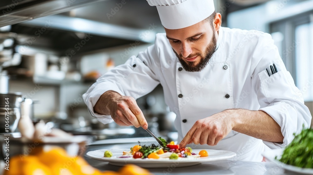 Chef Carefully Arranging a Colorful Salad on a White Plate Chef Carefully Arranging a Colorful Salad on a White Plate