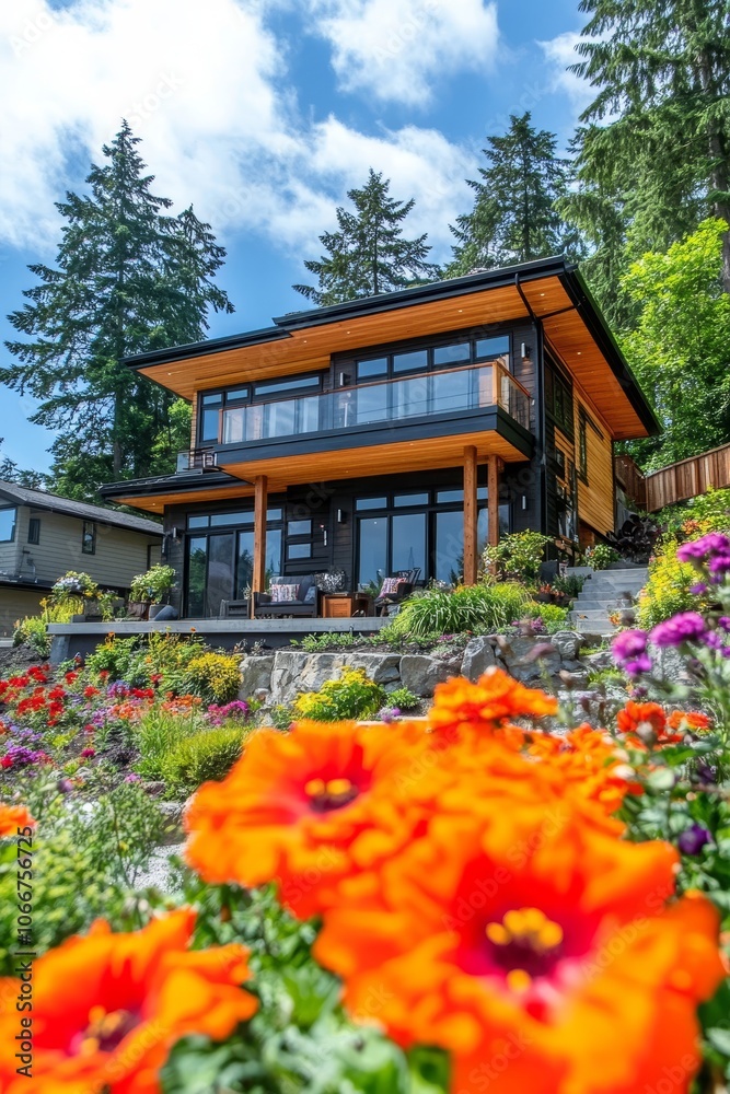 Modern Family Home With Two-Story Balcony, Expansive Windows Nestled Amidst a Flourishing Garden Modern Family Home With Two-Story Balcony, Expansive Windows Nestled Amidst a Flourishing Garden