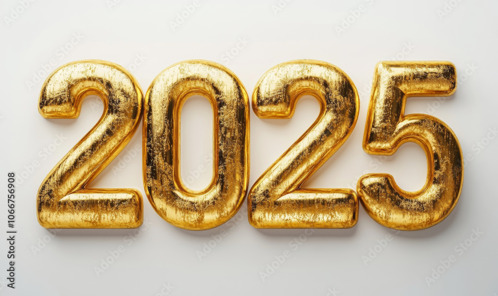 Luxurious golden 2025 numbers floating in white space Luxurious golden 2025 numbers floating in white space