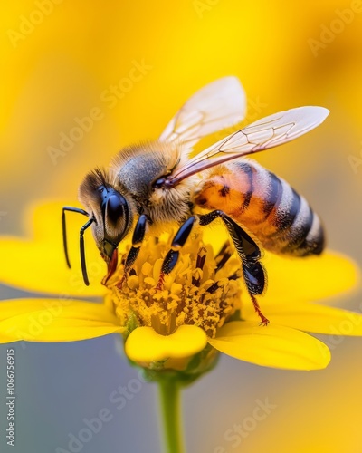 Bee collecting nectar from a vibrant yellow flower, nature close-up shot.