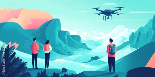 HumanAI interaction in coding, drone project development, flat design illustration