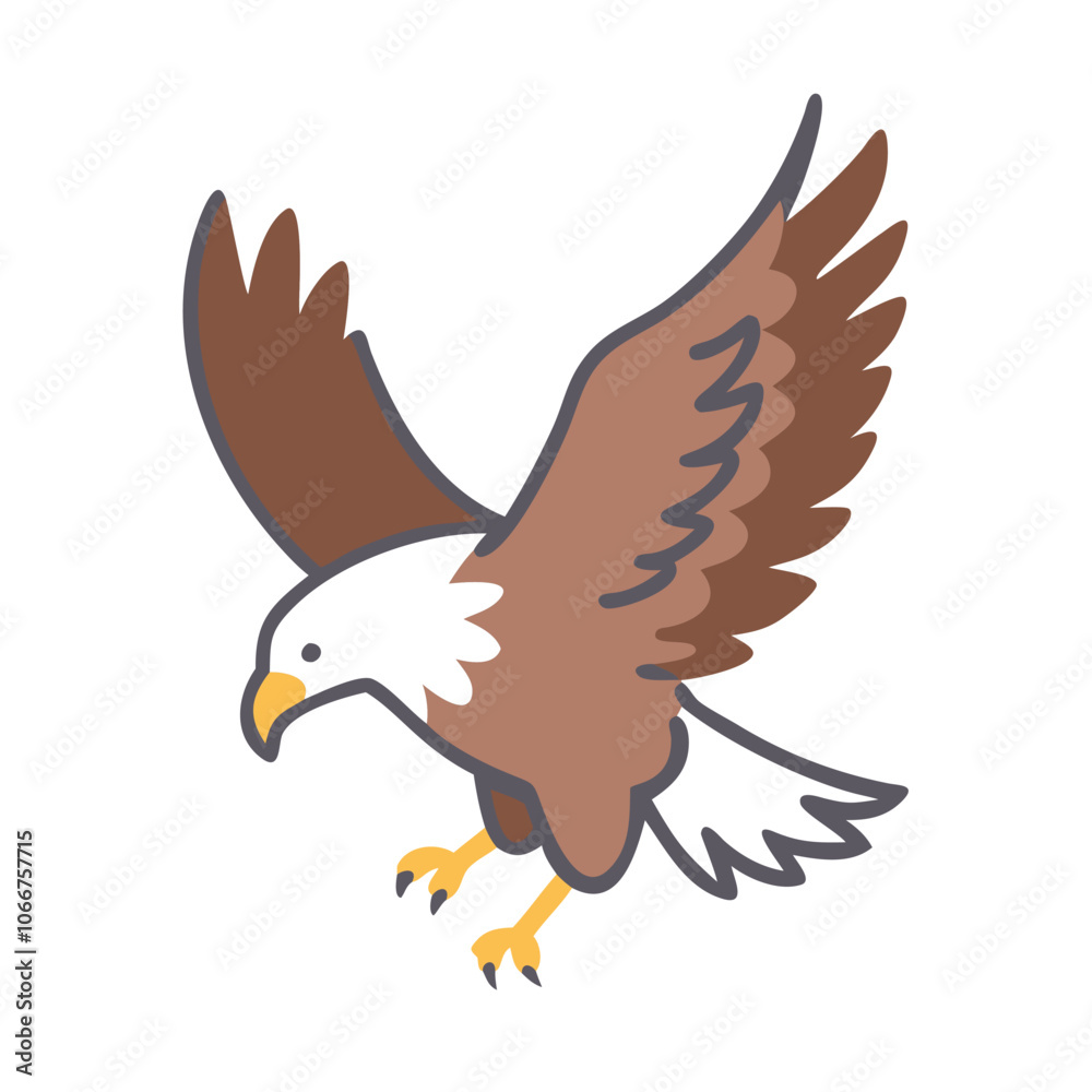 Obraz premium Bald Eagle with Spread Wings Illustration, Illustration of a bald eagle in mid-flight with wings spread and talons extended, symbolizing power, freedom, and American patriotism.