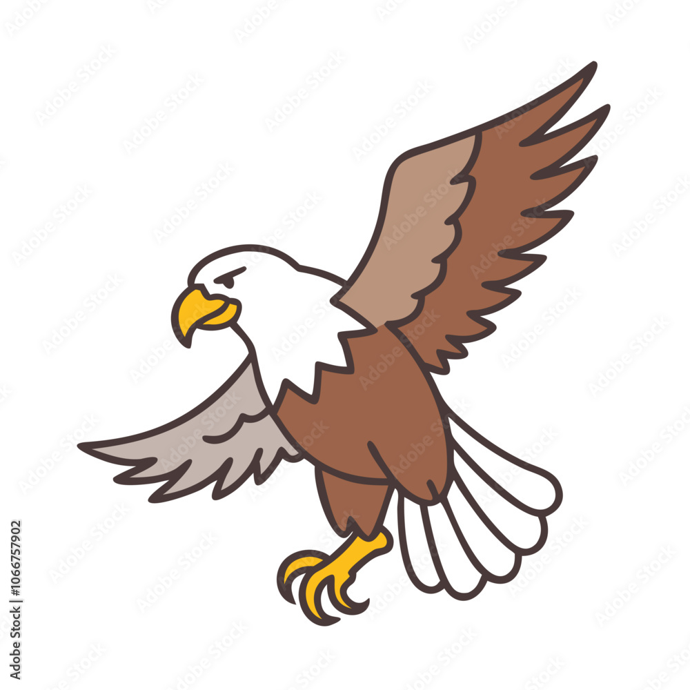 Obraz premium Bald Eagle with Spread Wings Illustration, Illustration of a bald eagle in mid-flight with wings spread and talons extended, symbolizing power, freedom, and American patriotism.