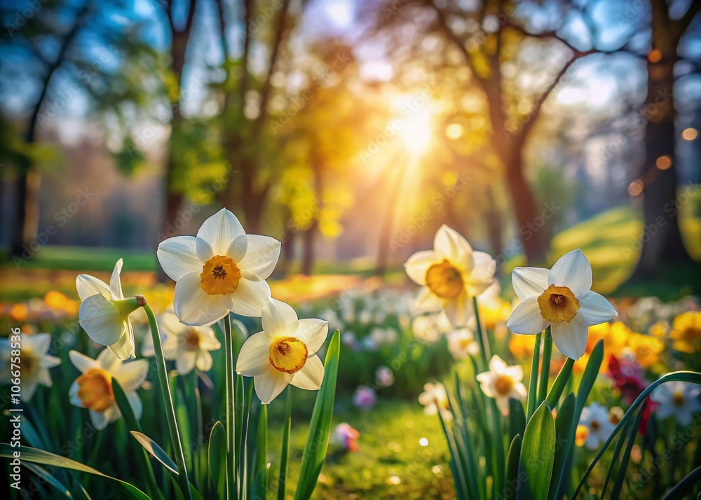 Vibrant Narcissus Blooms in a Serene Park Setting with Lush Greenery and Soft Sunlight Enhancing Nature's Beauty Vibrant Narcissus Blooms in a Serene Park Setting with Lush Greenery and Soft Sunlight Enhancing Nature's Beauty