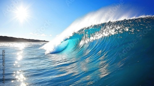 A stunning wave crashing against the ocean surface under a bright sun, capturing the beauty and power of nature.