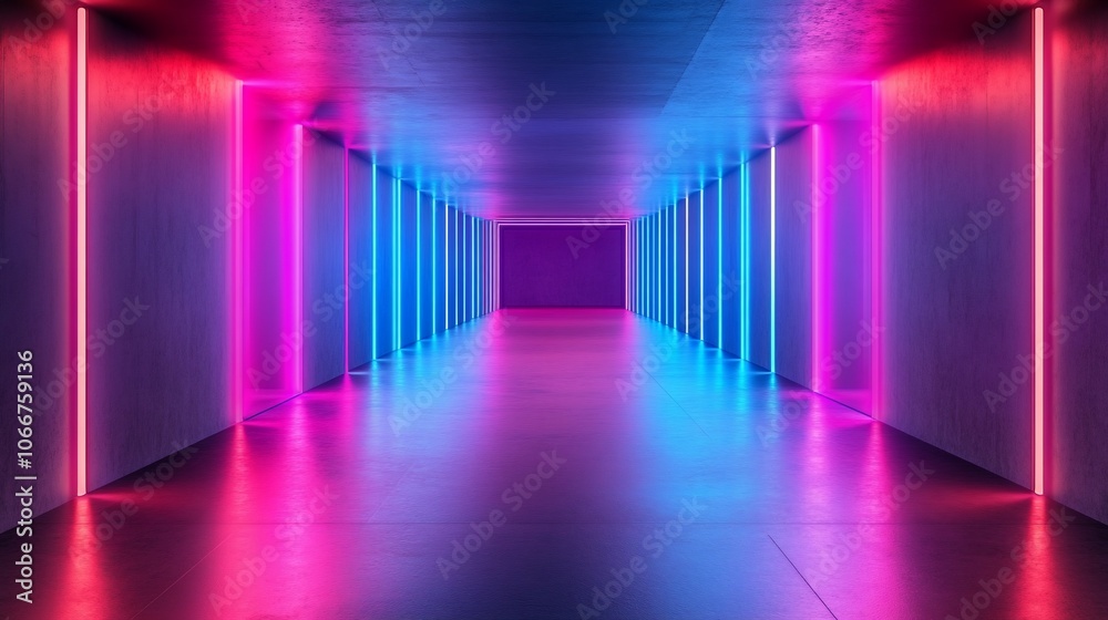 A long, narrow, empty corridor with glowing pink and blue neon lights on the walls, reflecting on the floor. A long, narrow, empty corridor with glowing pink and blue neon lights on the walls, reflecting on the floor.