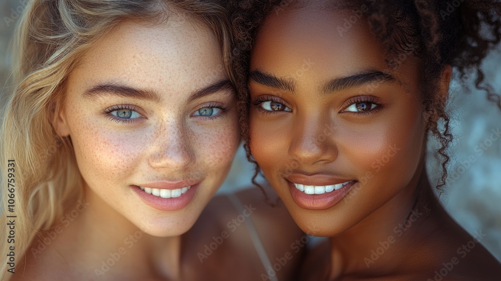 Two young women with beautiful curly hair smiling, close-up, diverse beauty, friendship, outdoor portrait, happy friends, radiant smiles, natural beauty, female bonding, cheerful mood Two young women with beautiful curly hair smiling, close-up, diverse beauty, friendship, outdoor portrait, happy friends, radiant smiles, natural beauty, female bonding, cheerful mood