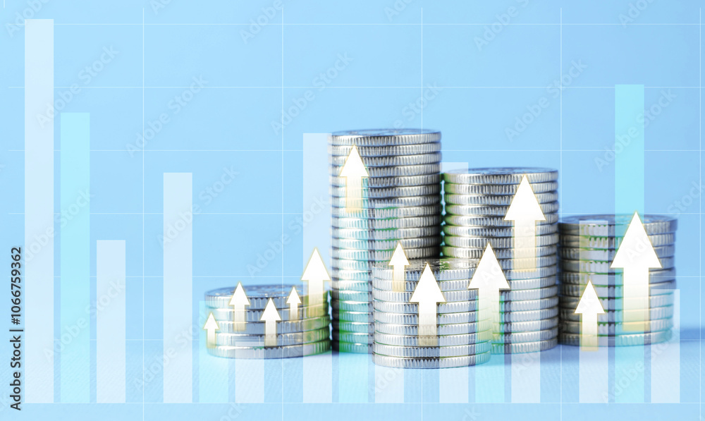 Investment. Stacked coins with arrows and graph on light blue background