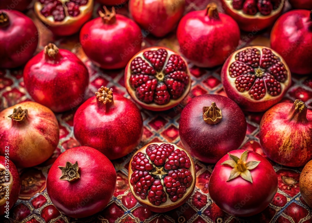 Vibrant Pomegranate Graphic Pattern on Red Background - Eye-Catching Tilt-Shift Photography for Stunning Visuals in Textiles, Wallpapers, and Decorative Arts Vibrant Pomegranate Graphic Pattern on Red Background - Eye-Catching Tilt-Shift Photography for Stunning Visuals in Textiles, Wallpapers, and Decorative Arts