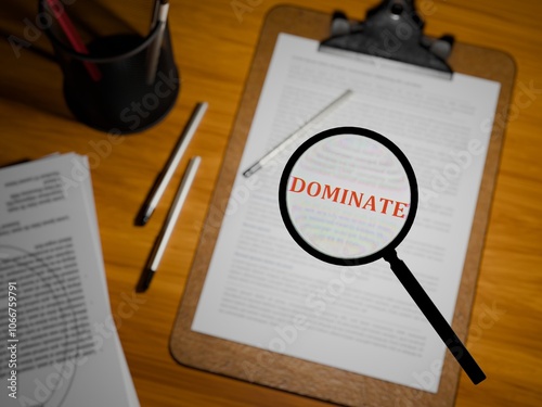 3D rendered "DOMINATE" in bold red text under a magnifying glass on a clipboard paper, 3D rendered on a table.