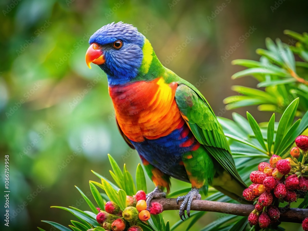 Vibrant Rainbow Lorikeet Perched on a Branch Surrounded by Lush Greenery, High Depth of Field for Nature Photography Enthusiasts and Wildlife Lovers Vibrant Rainbow Lorikeet Perched on a Branch Surrounded by Lush Greenery, High Depth of Field for Nature Photography Enthusiasts and Wildlife Lovers