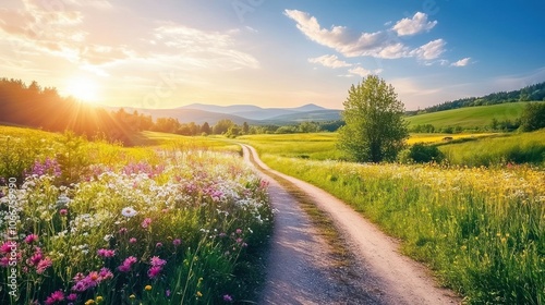 A Sunlit Country Road Winding Through a Field of Wildflowers