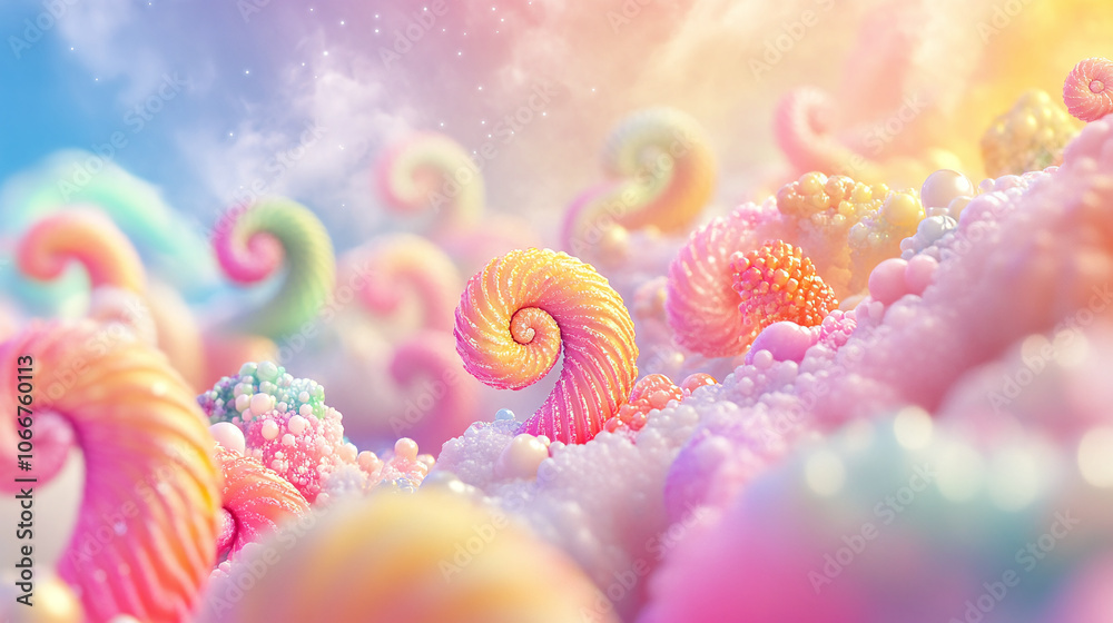 A surreal candy land with swirling rainbow patterns coating every candy, creating a whimsical world of fractal-inspired sweets with bold, vivid colors against a soft, dreamy background. A surreal candy land with swirling rainbow patterns coating every candy, creating a whimsical world of fractal-inspired sweets with bold, vivid colors against a soft, dreamy background.