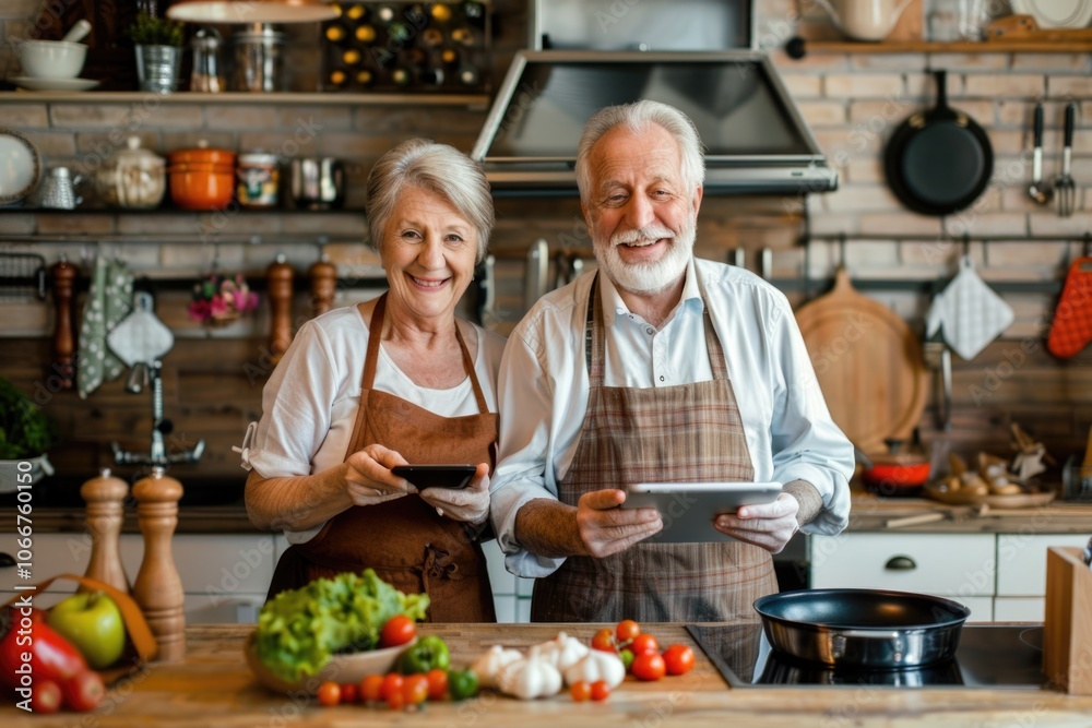 Married Couple Computer. Smiling Caucasian Senior Man and Woman Using Digital Tablet in Kitchen at Home Married Couple Computer. Smiling Caucasian Senior Man and Woman Using Digital Tablet in Kitchen at Home