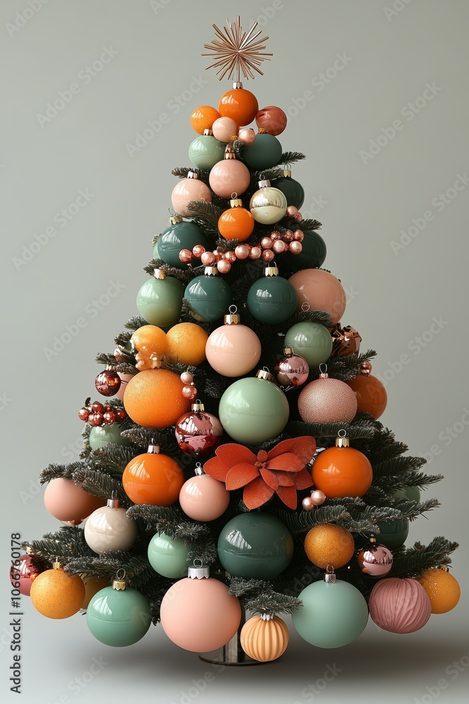 A beautifully decorated Christmas tree featuring pastel and vibrant ornaments with a star on top, set against a neutral background A beautifully decorated Christmas tree featuring pastel and vibrant ornaments with a star on top, set against a neutral background