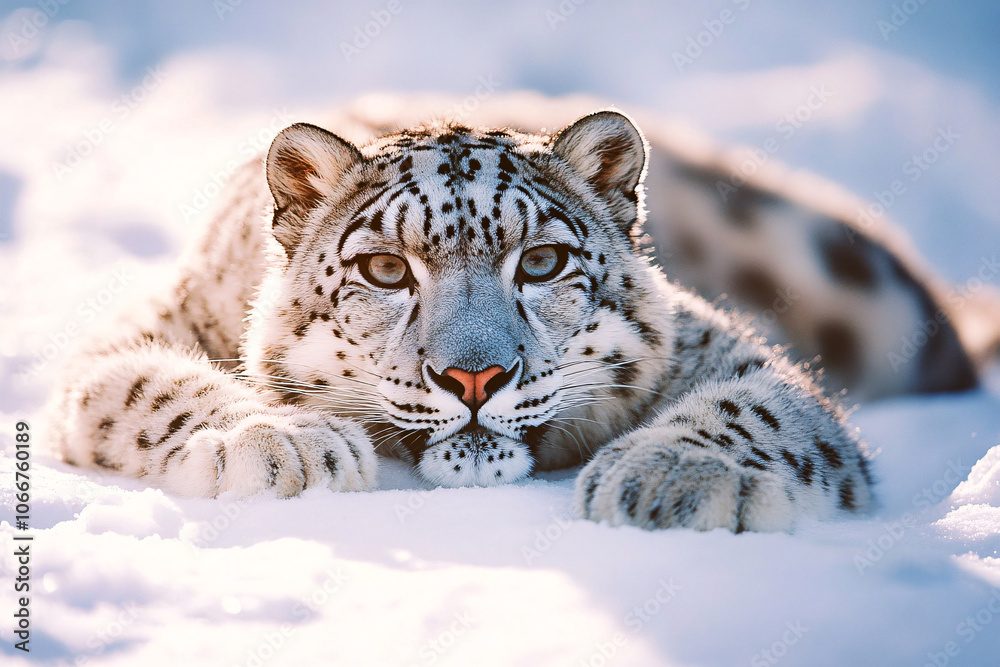 Fototapeta premium snow leopard lying on white snow