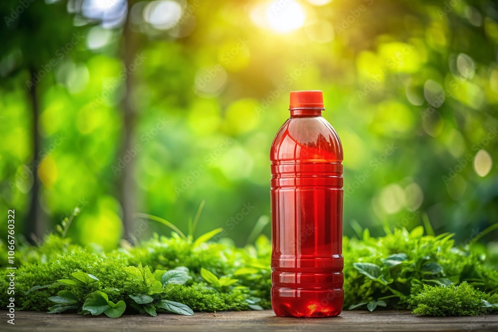 Vibrant Red Plastic Bottle on a Clear Surface with a Lush Green Background - High Depth of Field Photography for Eco-Friendly Products and Household Items