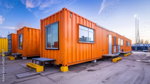 A vibrant mix of temporary buildings and structures serving as onsite offices break rooms and storage facilities.