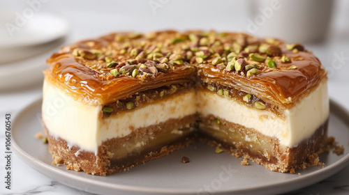 Wallpaper Mural Honey pistachio cheesecake topped with a crispy layer of pastry and pistachios, complementing the creamy layer of the dessert Torontodigital.ca