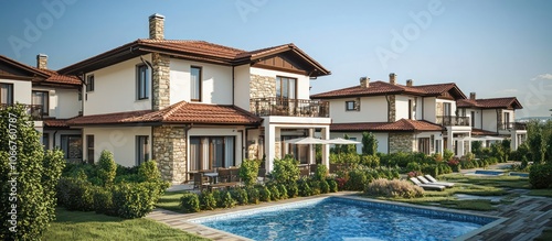 Seaside village in Bulgaria, modern townhouses with award-winning coral roof designs.