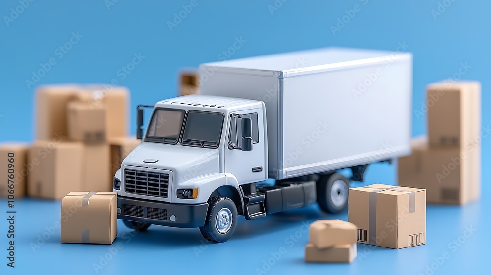 A delivery truck transports boxes efficiently across a blue background for logistics needs A delivery truck transports boxes efficiently across a blue background for logistics needs