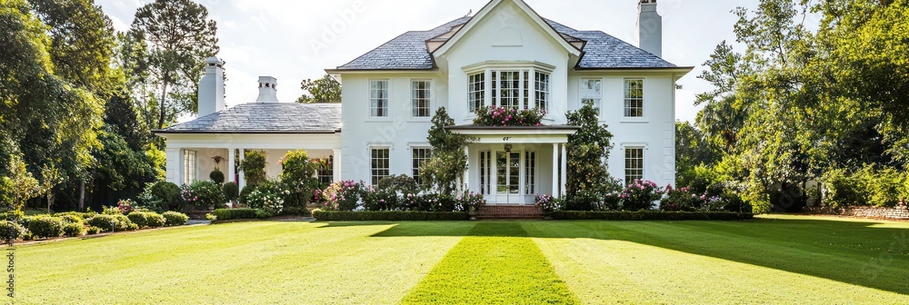 Manicured lawn fronts a sunny white house in Georgia with slate trim and rose windows.