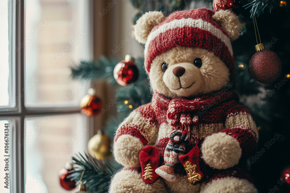 Bear doll holding present and Christmas tree. Bear doll holding present and Christmas tree.