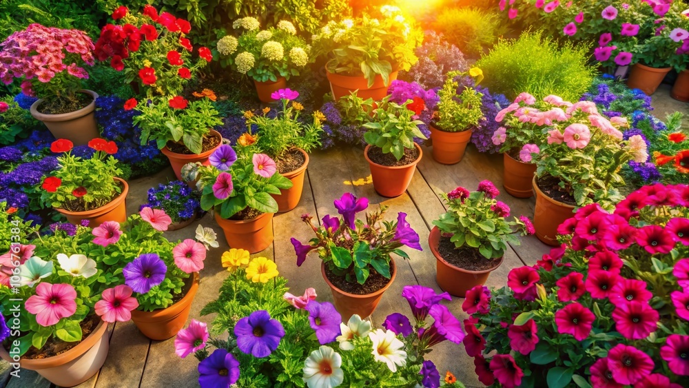 Vibrant Summer Garden with Colorful Petunia Flowers in Pots Captured by Drone Photography Vibrant Summer Garden with Colorful Petunia Flowers in Pots Captured by Drone Photography
