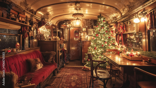 Inside train carrage christmas decoration. photo